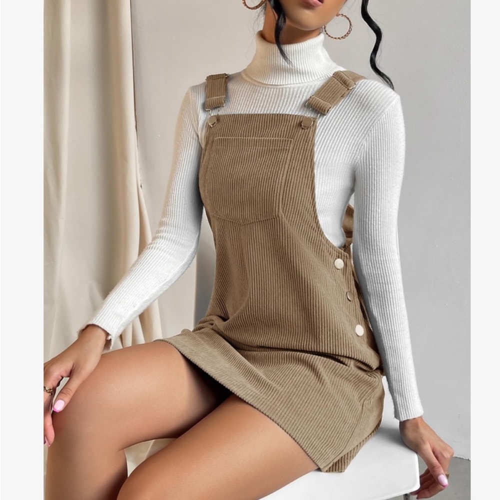 Classic Elegant Corduroy Solid Pocket Jumper Overall Dress Without Sweater - Picture 14 of 15